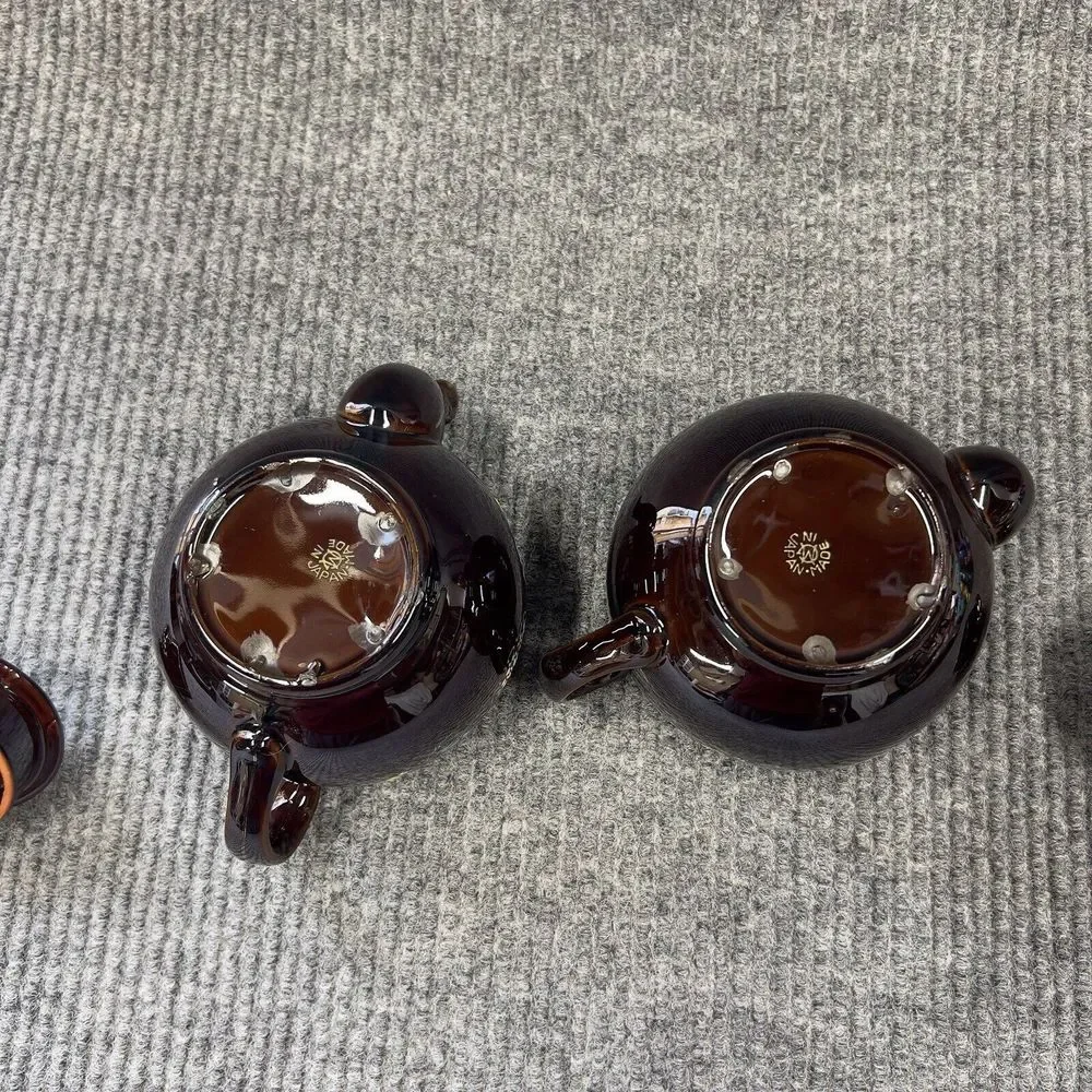 Redware Teapots Dark Brown HandPainted  Moriage Enamel Floral Japan Set Of 2 VTG